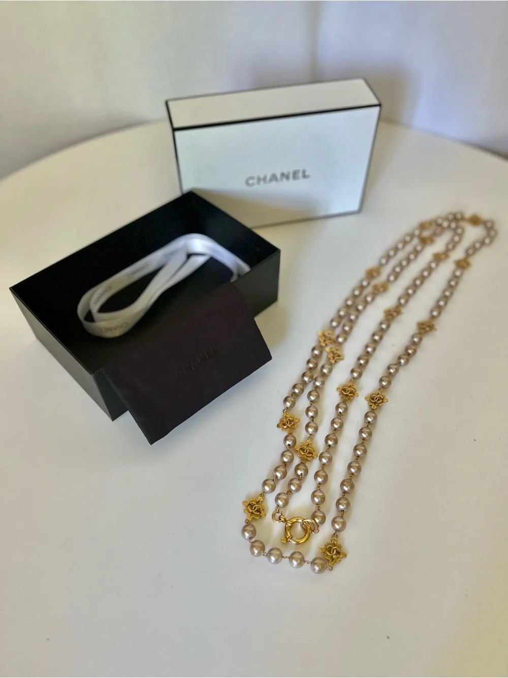 Vintage CHANEL Extra Long Rare Gold and Champagne Pearl CC Monogram Necklace